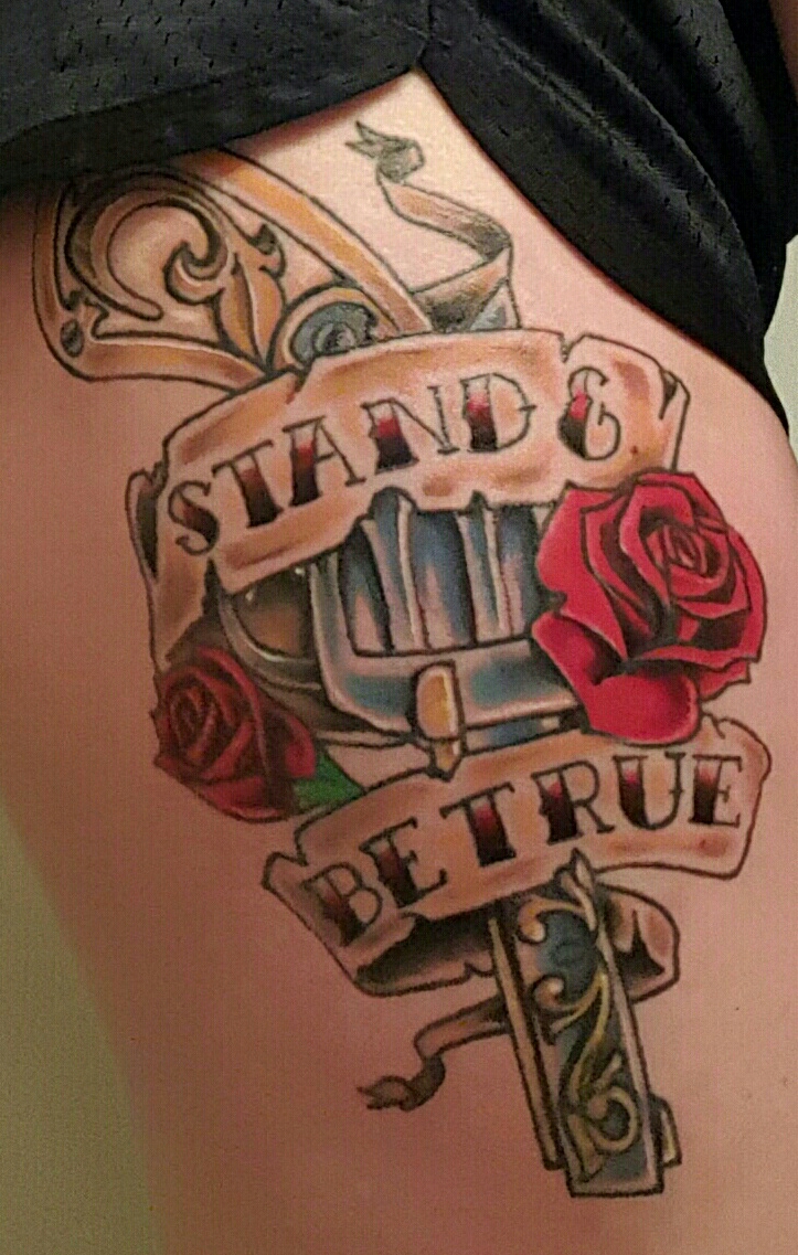 retro shield lettered tattoo